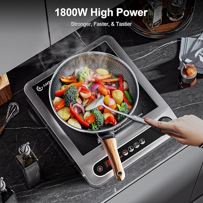 AMZCHEF Commercial Induction Cooktop, 1800W Countertop Burner with 18 Power&Temperature Setting, Double IGBT, Timer, Safety Function, Stainless steel Electric Hot Plate for Restaurant, Kitchen, Hotel