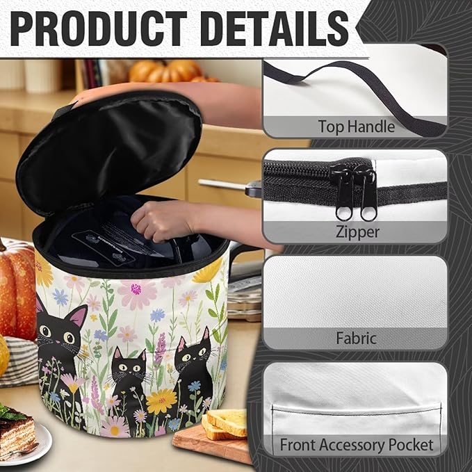 Black Cat Electric Pressure Cooker Storage Bag Wildflower Kitchen Appliance Protective Pressure Cooker Insulation Bag for Women
