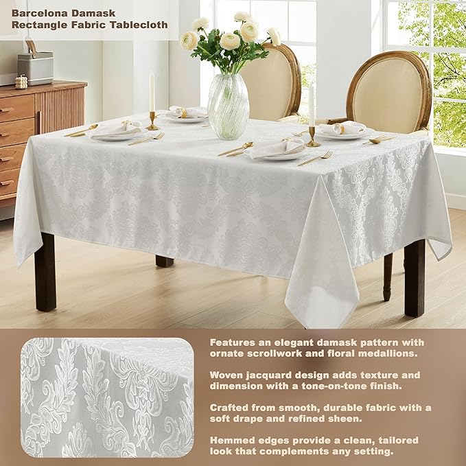 Newbridge Barcelona Luxury Damask Fabric Tablecloth, 60” Wide x 144” Rectangle, White, 100% Polyester, No Iron, Soil Resistant Dining Room, Party and Banquet Table Cover