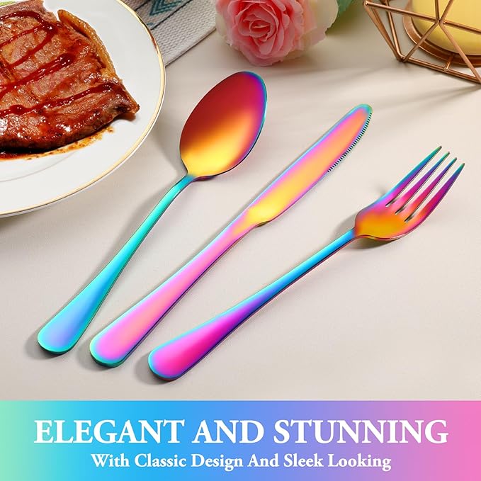 24 Pcs Rainbow Silverware Set with Steak Knives Service for 4,Stainless Steel Flatware Set,Mirror Polished Cutlery Utensil Set, Kitchen Eating Tableware,Include Fork Knife Spoon Set,Dishwasher Safe