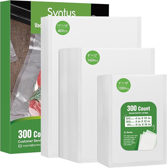 Syntus 300 Count Vacuum Sealer Bags, 40 Gallon 11" x 16" and 160 Quart 8" x 12" and 100 Pint 6" x 10" for Seal a Meal, BPA Free Heavy Duty Precut Bags, Food Vac Bag for Storage, Meal Prep or Sous Vide