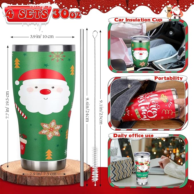 Mifoci 4 Pcs 30 oz Christmas Tumbler with Lid and Straw Stainless Steel Christmas Mug Double Insulated Cup Insulated Coffee Tumbler with Straw Brush for Holiday Coworkers Women Gifts(Style 2)