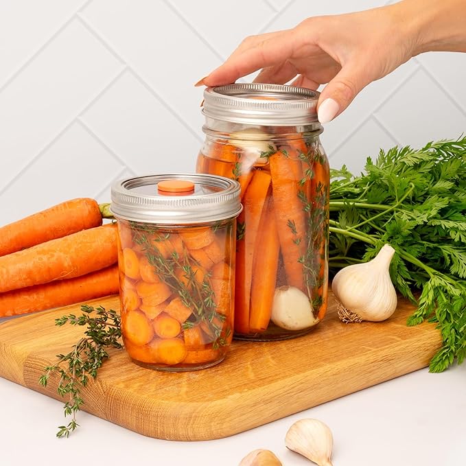 Mason Jar Vacuum Sealer Kit – Auto-Stop Electric Vacuum Sealer with Reusable Stainless Steel Lids, Compatible with Ball & Kerr Canning Jars.(Orange Valve)
