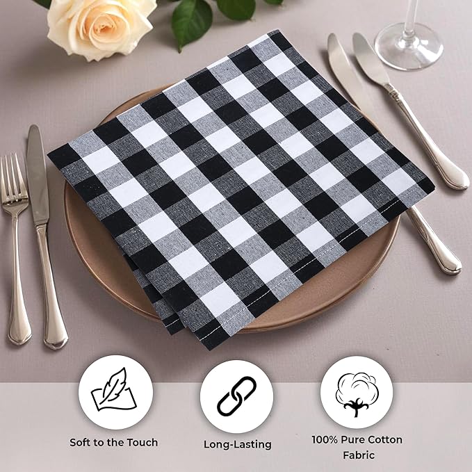 Urban Villa Cloth Dinner Napkins Set of 12 20''x20''100% Cotton Black White Buffalo Checks Highly Absorbent Washable Reusable Durable Ideal for Farmhouse Party Thanksgiving Fall Christmas Everyday Use