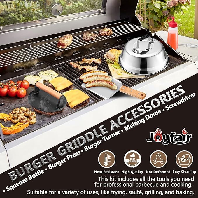 Griddle Accessories Smash Burger Kit (5Pcs), Joyfair Grill Spatula with 9in Melting Dome & Bacon Press Set, Stainless Steel Turner, Basting Cover, Cast Iron Press for Outdoor BBQ (Wooden Handle)