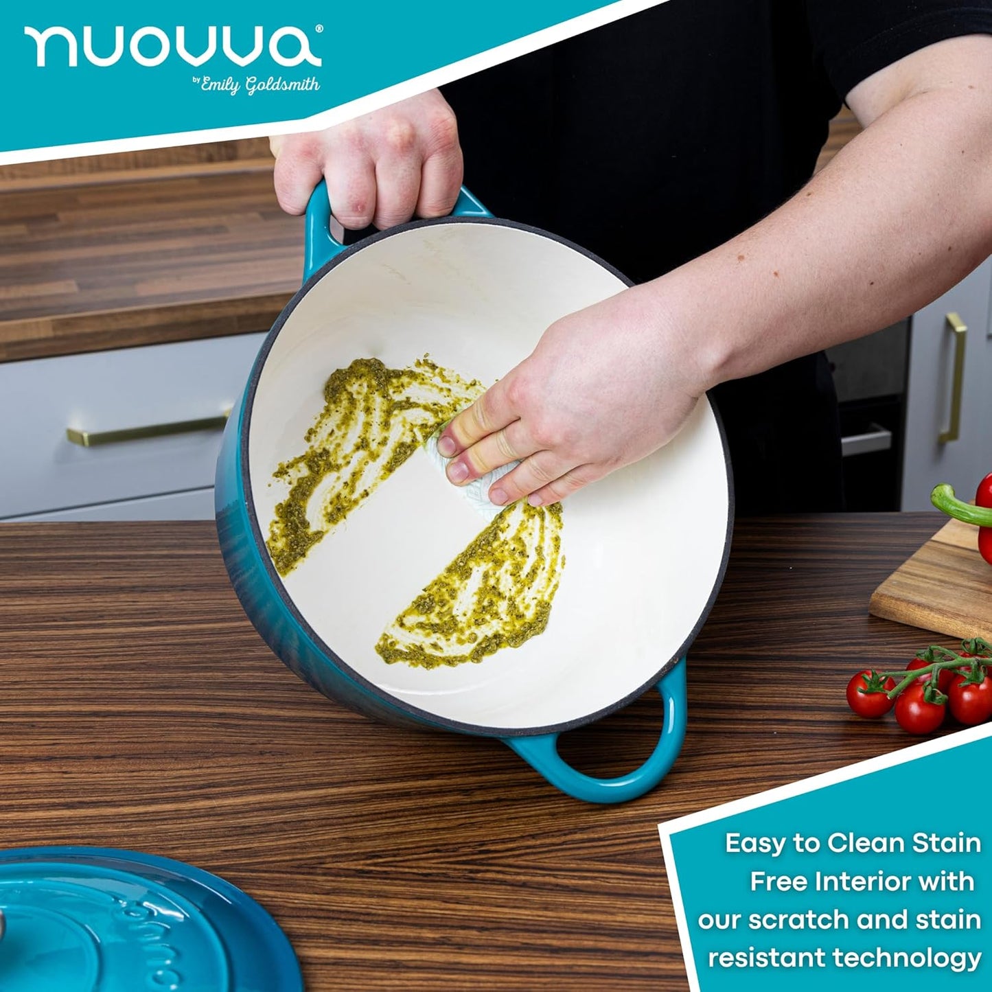 Cast Iron Dutch Oven with Lid – Non-Stick Ovenproof Enamelled Casserole Pot – Sturdy Dutch Oven Cookware – Teal, 7.3-Quart, 30cm – by Nuovva