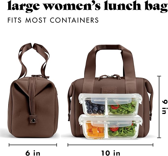 Fit & Fresh Remi Neoprene Lunch Bag For Women - Meal Prep Kit with Containers & XL Ice Pack, Self Insulating Neoprene-like Material, Machine Washable Lunch Bag, Tear & Stain-Resistant, Chocolate
