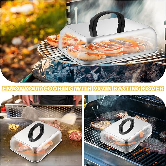 HaSteeL 9x7in Melting Dome & 8x4in Grill Press, Rectangular Basting Steaming Cover & Cast Iron Burger Bacon Press, Heavy Duty Griddle Tools Accessories for Flat Top Grilling Barbecue, Indoor & Outdoor