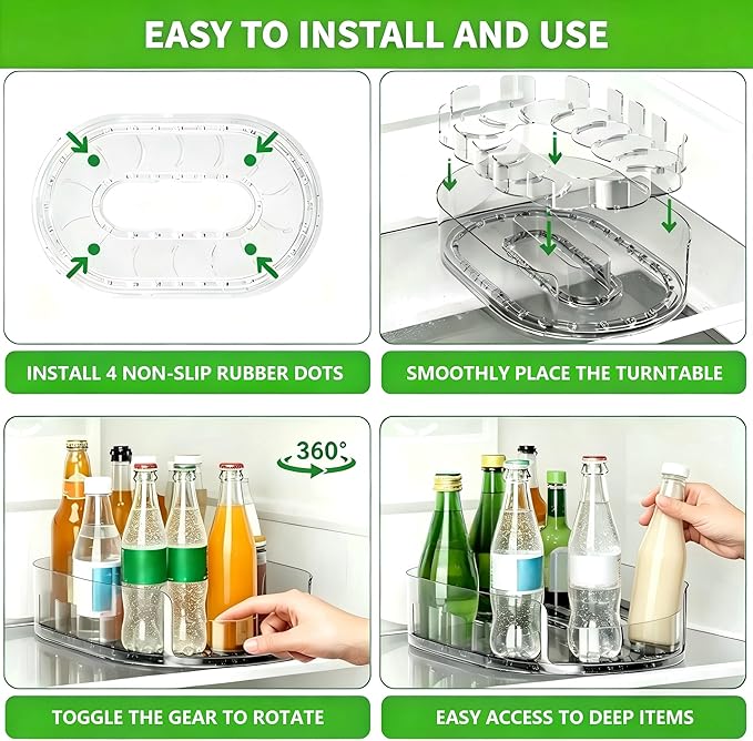 Lazy Susan 360°Rotating Organizer for Refrigerator,13.5“ x 8.5”,Drink Organizer for Fridge,Cabinet, Pantry,or Kitchen Countertop,Organize Condiments, Cans, Beverages,Clear+White,1 Pack
