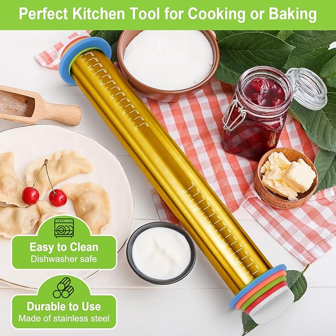 Adjustable Rolling Pins for Baking, Stainless Steel Rolling Pin with Thickness Rings, Metal Dough Roller for Fondant Cookies Pastry Pizza Pasta, Measuring Rolling Pin Baking Tools for Cake Baker, Gold