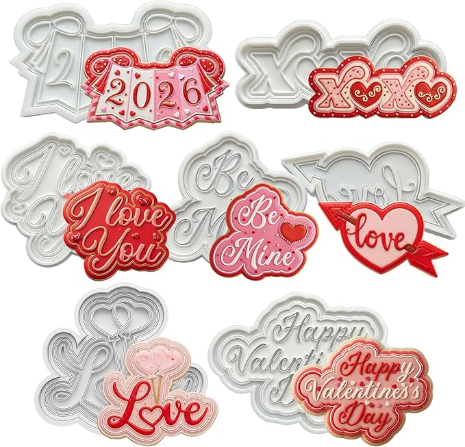 Flycalf Cookie Cutters Love Set of 7 with Plunger Stamps Detailed Holiday Cake PLA 3.5" Baking Accessories Cutter Molds Gifts to for Party Kitchen Supplies