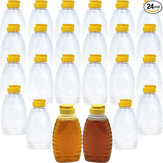 Easy Squeeze 24Pk 12Oz Empty Honey Bottles. BPA-Free Food Safe PET Plastic Honey Dispenser. Flip-Top Refillable Syrup Container. Great for Storing and Serving BBQ, Pasta Sauces or Salad Dressings.