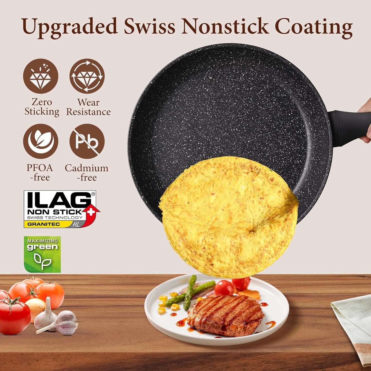 Non Stick Frying Pans,Healthy Stone Cookware,Deep Frying Pan Skillet,Omelette Pan,Nonstick Cooking Egg Pans，PFOA-free Non Toxic Frying Pan (11 Inch)