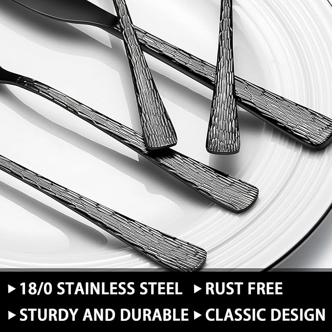 49-Piece Black Silverware Set with Organizer, Food-Grade Stainless Steel Black Flatware for 8, Cutlery Utensil Sets with Steak Knives, Rust-proof, Mirror Polished, Dishwasher Safe, Tree Pattern