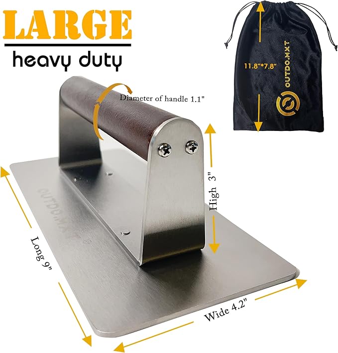 Stainless Steel 9X4.2“ Smash Burger Press,1.9lb Heavy Duty Burger Smasher with Wooden Handle and Velvet Storage Bag for Griddle,Grill Press for Hamburger, Bacon,Steak, Barbecue Grilling Tool