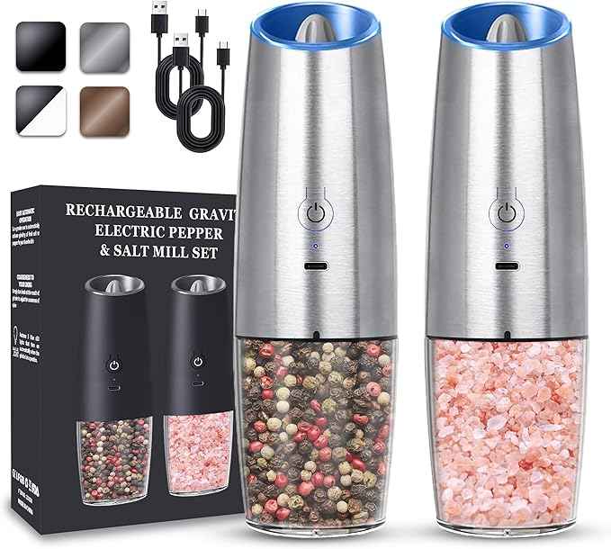 Rechargeable Electric Salt and Pepper Grinder set of 2, gravity electric salt and pepper grinder set, Adjustable Roughness, LED Light, 2 Pack, (Silver)