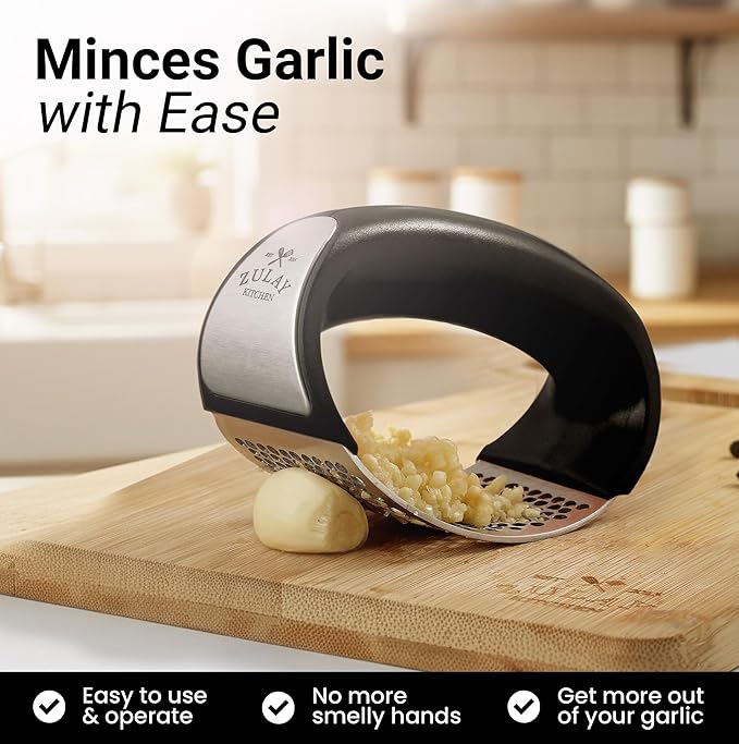 Zulay Kitchen Stainless Steel Garlic Press Rocker Set - Premium Garlic Mincer Garlic Crusher - New Innovative Garlic Crusher with Peeler and Scraper - Comfortable Grip (Black)