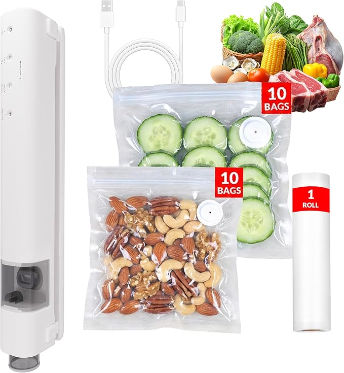 Compact Vacuum Sealer for Food, Magnetic Back, 60kPa Powerful Handheld Vacuum Sealer with 20 Reusable Bags & 1 Vacuum Roll Bags