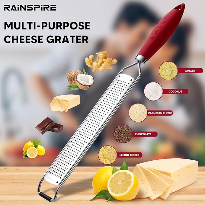 Rainspire Zester Grater with Handle, Lemon Zester Cheese Grater for Kitchen Stainless Steel, Parmesan Cheese Garlic Nutmeg Chocolate Fruits Vegetables Ginger Grater, Fine, Red