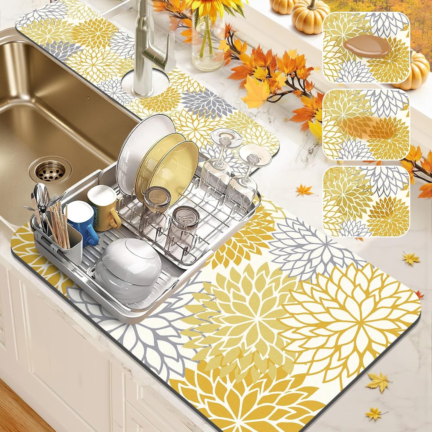 Findosom 2PCS 12" x 20" Dish Drying Mat & 24" x 5.5" Sink Splash Guard, Super Absorbent & Cuttable Dish Mat Drying Kitchen Mat with Yellow Floral, Hide Stain Drying Mat for Kitchen Counter