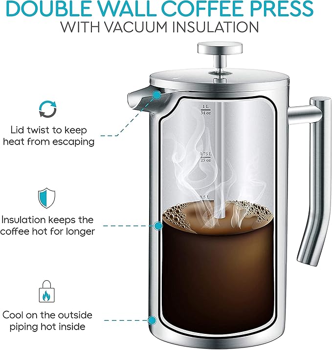 Belwares French Press Coffee Maker 34oz - 304 Stainless Steel Insulated Coffee Press, Double-Wall Heat Resistant Design with 4-Level Filtration System, Rust-Free & Dishwasher Safe (1.5 Liter), Silver
