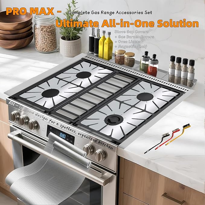 Stove Gap Covers Stainless Steel 2PC(0.08"–0.7"W,13.8"–27.5"L)+4PC Gas Burner Covers+2PC Oven Liners+30"(2x15") Silicone Magnetic Stove Shelf|Universal Gas Stove Accessory Bundle Bonus 3 Brushes