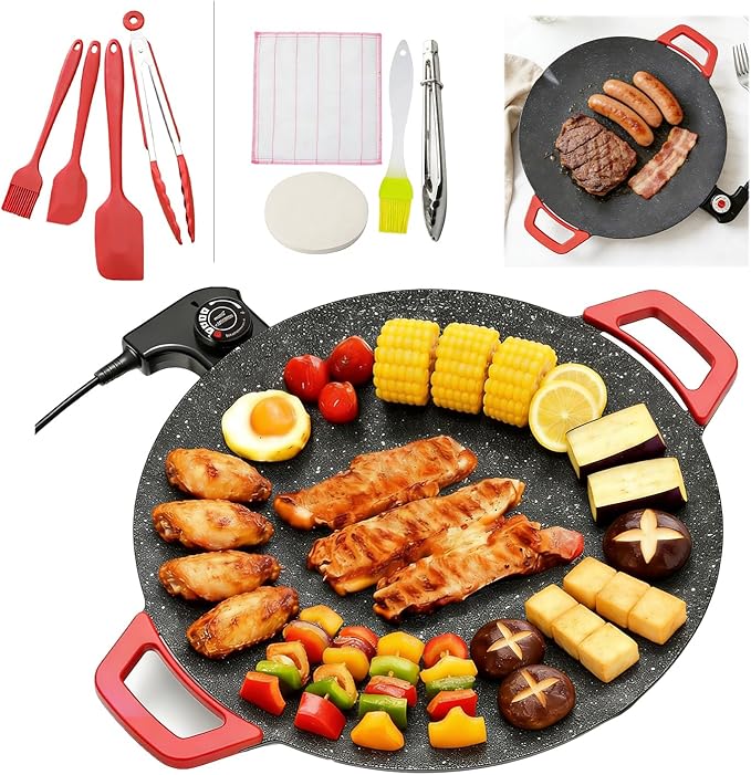 Low-Smoke Electric Grill Pan Indoor Nonstick Griddle 800W/1000W 5 Heat Settings with Random 4-Piece Accessories Easy to Clean