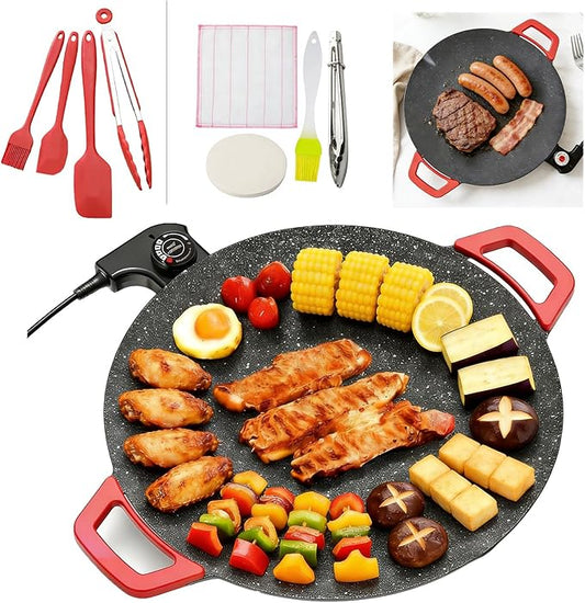 Low-Smoke Electric Grill Pan Indoor Nonstick Griddle 800W/1000W 5 Heat Settings with Random 4-Piece Accessories Easy to Clean