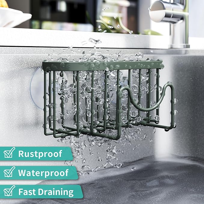 HapiRm Sponge Holder for Kitchen Sink - Sink Caddy with Unique M-Shaped, 2 Installation Methods Kitchen Organizer, Rustproof Stainless Steel Sponge Caddy - Green