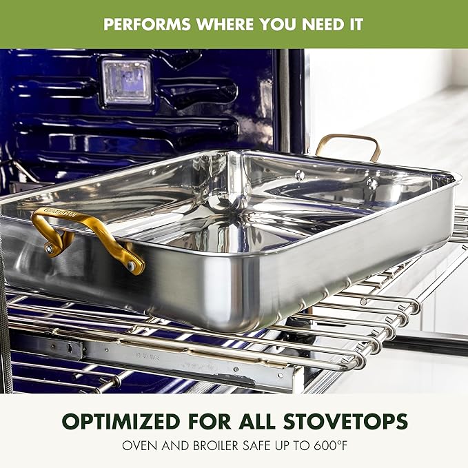 GreenPan Reserve 16" x 13" Tri-Ply Stainless Steel Roasting Pan with Roaster Rack, Multiclad Cookware, Induction Suitable, Gold Stainless Steel Handles, Dishwasher & Oven Safe, Silver