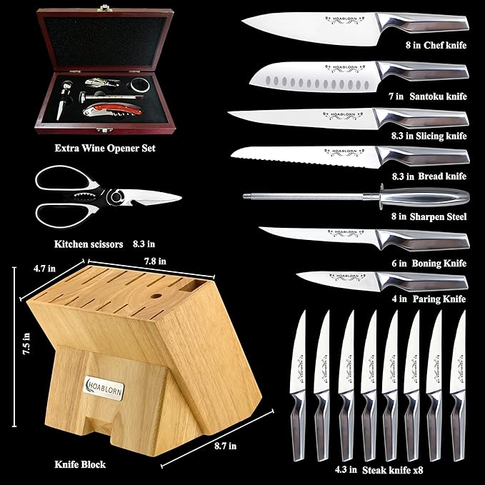 Knife Set with Block Knife Set German Stainless Steel 17 Piece Kitchen Knife Set Knife Knives Set，We Will also Throw In 1 Box Of 5 Piece Wine Corkscrew Set!