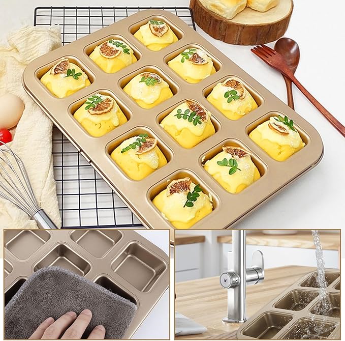 YAYODS 3 Pack Brownie Pan with Dividers 12 Cavity Square Muffin Pans Nonstick All Edges Brownie Pan, Baking Pan for Cornbread, Cupcakes, Tart, Muffin Cakes, Cookie, Bread (Gold)