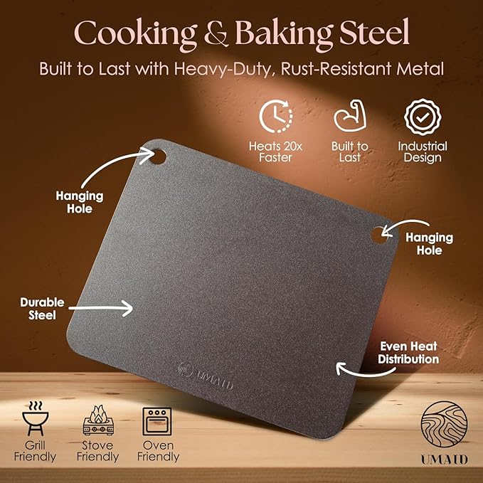 UMAID Pizza Steel for Oven & Grill, 16"x13.4", 1/4" Thick Pre-Seasoned Carbon Steel Baking Steel, Best Fit for Standard 12" Home Pizza, Achieve Restaurant-Quality Crust, Includes Recipe Booklet