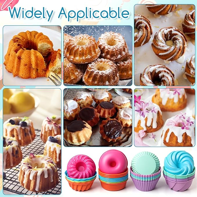 52 Pcs Single Silicone Donut Molds, 4 Styles Silicone Molds for Baking Small Reusable Non-Stick Baking Cups for Donuts, Muffins, Cupcakes, Jellies, Bagels (Multicolor)