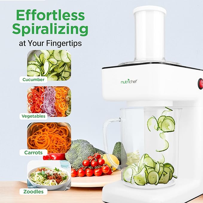 NutriChef Electric Vegetable Spiralizer – 3-Blade Zucchini Spiralizer Noodle Maker, Veggie Spiral Slicer for Healthy Zoodles, Salad, Pasta, & Garnishes – Dishwasher-Safe, Food-Grade Design