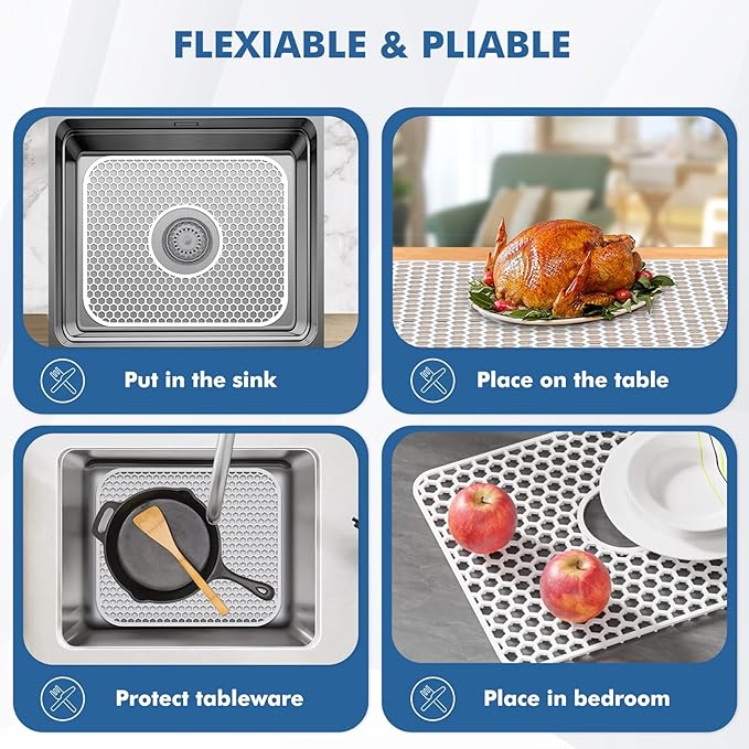 Bestjing 2 Pack Silicone Sink Protectors for Kitchen Sink with Center Drain, 13.58''x 11.6'' Non-Slip Heat Resistant Mat Grid for Bottom of Stainless Steel Porcelain, Dishwasher Safe (White)
