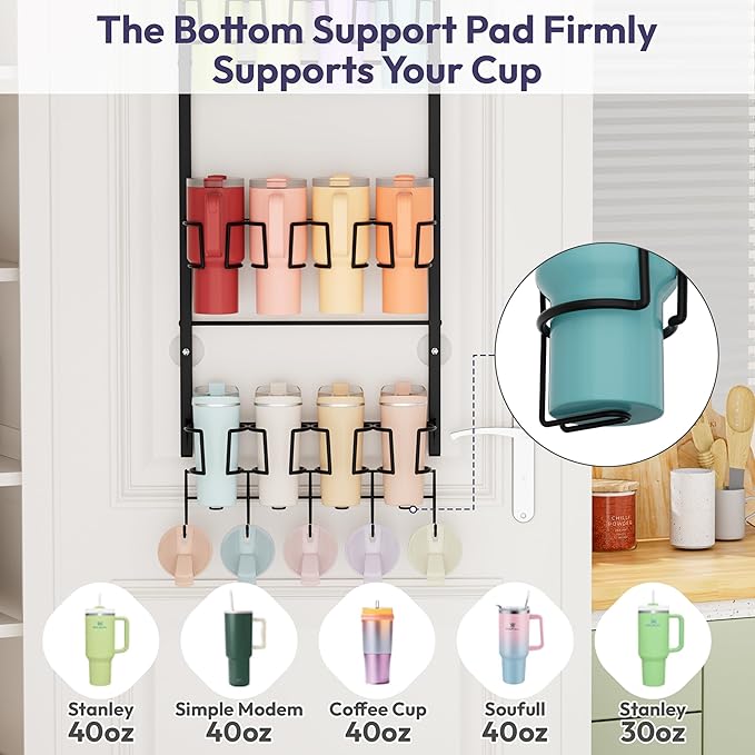 SWTYMIKI 3-Tier Water Bottle Organizer - Over the Door Stanley Cup Holder - Cup Rack with Hooks for Door or Wall Mount Option- Tumbler Organizer Storage Display for Kitchen Dorm Office RV, Black