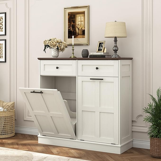 Double Trash Can Cabinet, 26 Gallons Farmhouse Hidden Wood Garbage Can Bin Cabinet with Drawers, Tilt Out Laundry Hamper with Laundry Storage Basket for Bathroom, Kitchen, Antique White