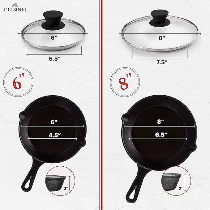 Cuisinel 6"+8"+10+12"-Inch Cast Iron Skillets Set + Glass Lids + Silicone Handle Grips - Pre-Seasoned Frying Pan - Oven Cookware - Use Indoor/Outdoor, Grill, Stovetop, Fire, Camping, Kitchen