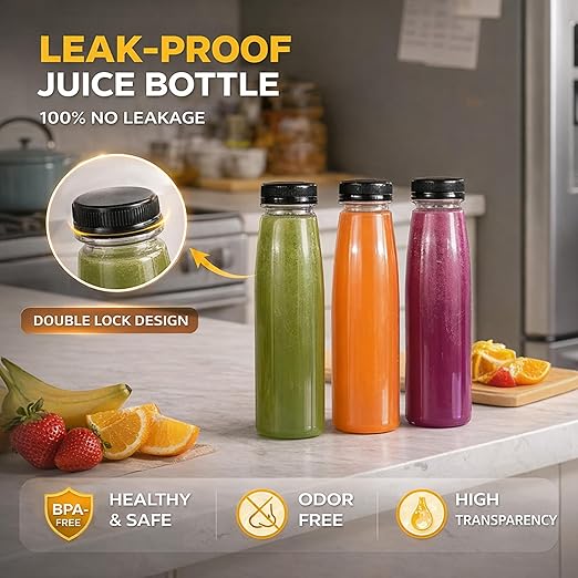 Holotap 48 Pack Empty PET Plastic Juice Bottles 8 OZ Clear Disposable Bulk Plastic Bottles for Liquids with Black Tamper Evident Caps (8 OZ, Black)