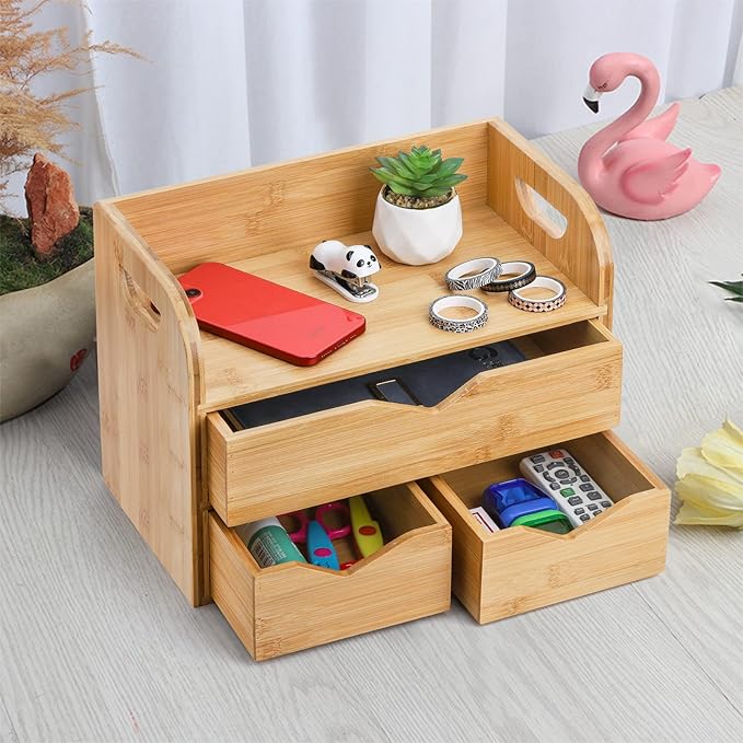 Hacaroa 3 Tier Bamboo Desktop Organizer with 3 Drawers, Tabletop Craft Box Cosmetic Storage Drawer with Handle, Portable Desk Letter Mail Sorter for Office Supply, Toiletries