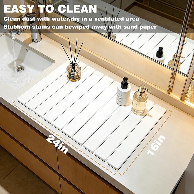 24"x16" Diatomaceous Earth Dish Drying Mat - Quick Dry Stone Pad, Collapsible White Mat with 10-Leaf Design for Granite Counters, Dishes, Cups & Bottles