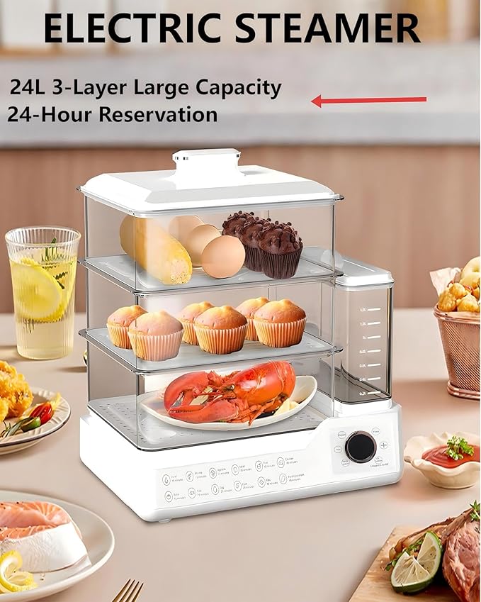 24L Electric Steamer, Three-Layer Food Steamer, Stainless Steel Steamer With Detachable Water Tank, 800w Large Capacity Breakfast Machine With Timer, Suitable For Families And Gatherings