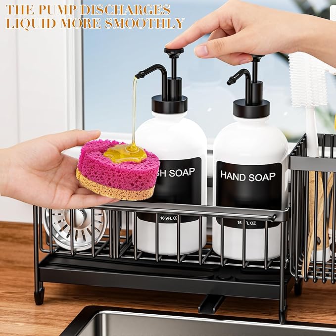 Kitchen Soap Dispenser Set with Sponge Holder and Towel Rack, 17OZ Glass Bottle, Hand and Dish Soap Dispenser Set, Non-Slip Silicone Pad, Brush Holder, Kitchen Sink Caddy Organizer Countertop (White)