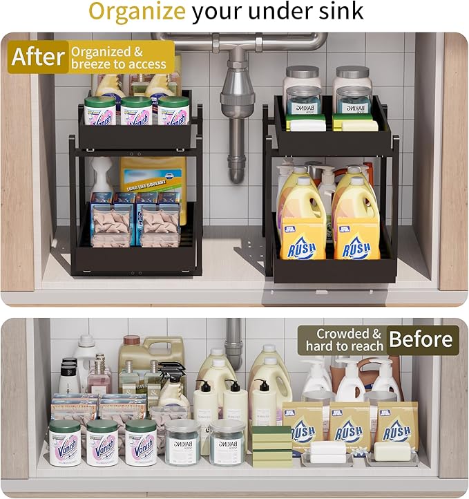 Bamboo Wood Under Sink Organizer 2 Pack, Pull Out Cabinet Organizer 2 Tier Under Sink Organizers and Storage with Sliding Drawer Sturdy Easy Assembly for Kitchen Bathroom (Black)