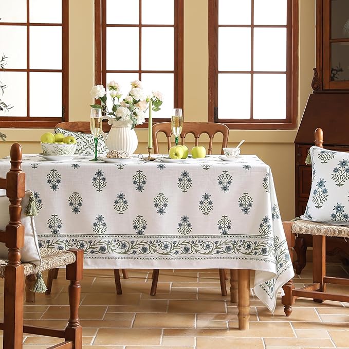 ISAENNE Designer White Linen Square Tablecloth,Chinoiserie Floral Elegant Indoor Table Cloth,Fall Stain Proof Decor Tablecloths for Dining Thanksgiving Kitchen Party,67"*67"-Mosella F