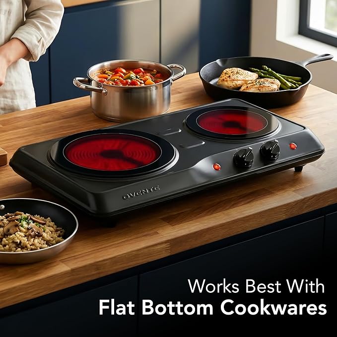 OVENTE Countertop Infrared Double Burner, 1700W Electric Hot Plate and Portable Stove with 7.75" and 6.75" Ceramic Glass Cooktop, 5 Level Temperature Setting and Easy to Clean Base, Black BGI102B
