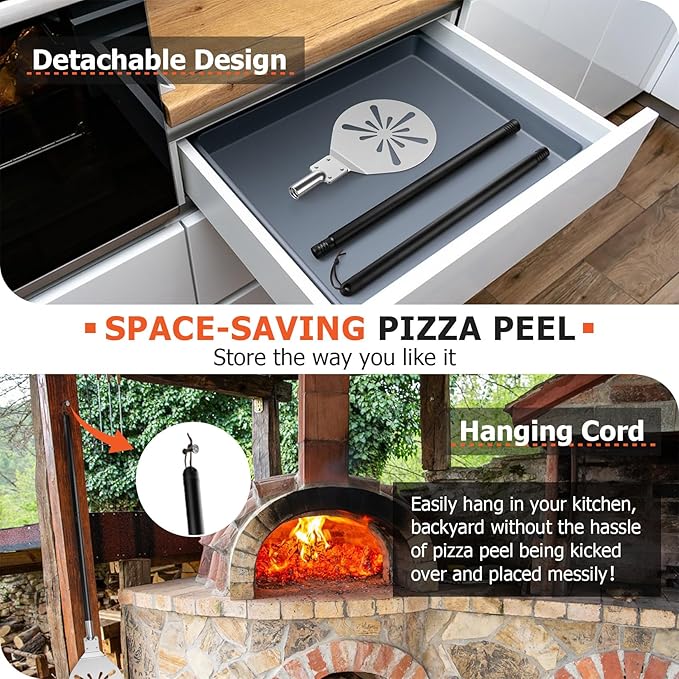 7 Inch Pizza Peel Turning, Joyfair Perforated Pizza Turner with Long Detachable Handle, Stainless Steel Spatula Paddle for Rotating Sliding, Metal Tools Oven Accessories, Easy Cleanup (Painted Handle)