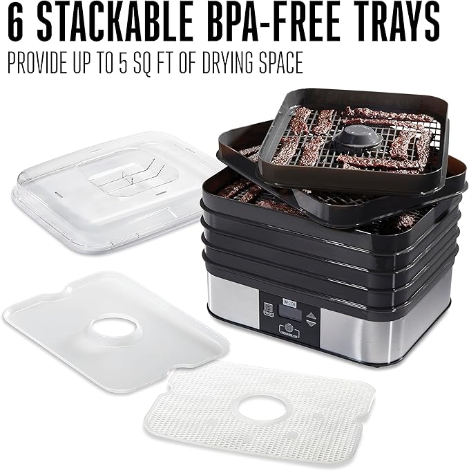 Weston Food Dehydrator Machine for Jerky, Fruit, Meat, Herbs, Vegetables, with Digital Temperature Control (100-160F), 6 Stackable Trays (7.4 sq. ft.), Black (75-0401-W)