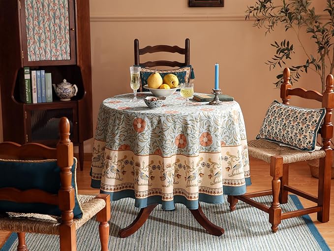 patdrea Designer French Linen Blue Round Table Cloth,Vintage Floral Tablecloth,Colorful Decoration Fall Table Cover Kitchen Dining for Tea Party,Thanksgiving,Christmas,Diameter 67"-Wensel